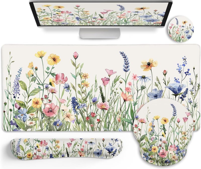 LIMKRIAN Flower Mouse Pad Set Large Desk Matt for Desktop, Ergonomic Mouse Pad with Wrist Rest, Gaming Wrist Support Keyboard Mat Cup Coaster Set Cute Office Desk Decor Accessories - Image 1